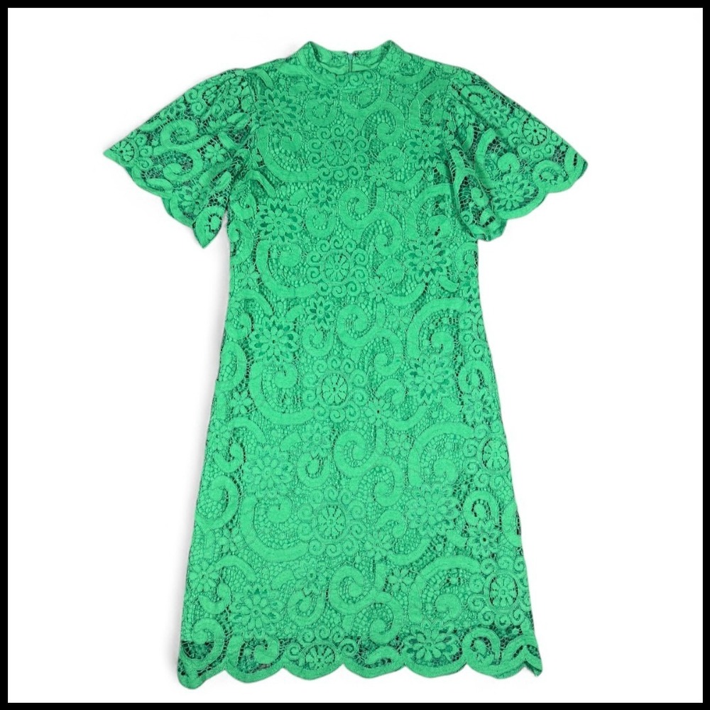 Nanette Lepore Kelly Green Lace Sheath Dress 6 Flutter Scallop Spring Graduation